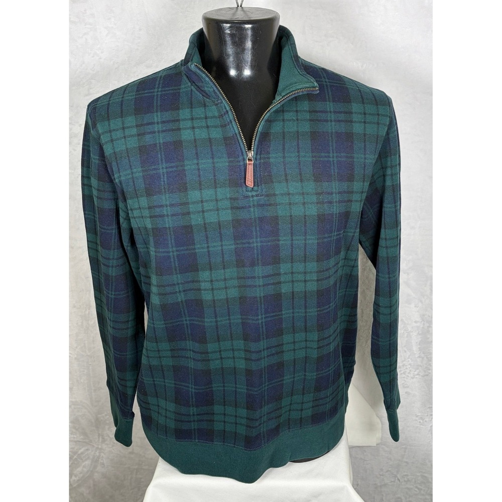 Lands End Mens Quarter Zip Pullover Top Green Blue Plaid 100% Cotton Large